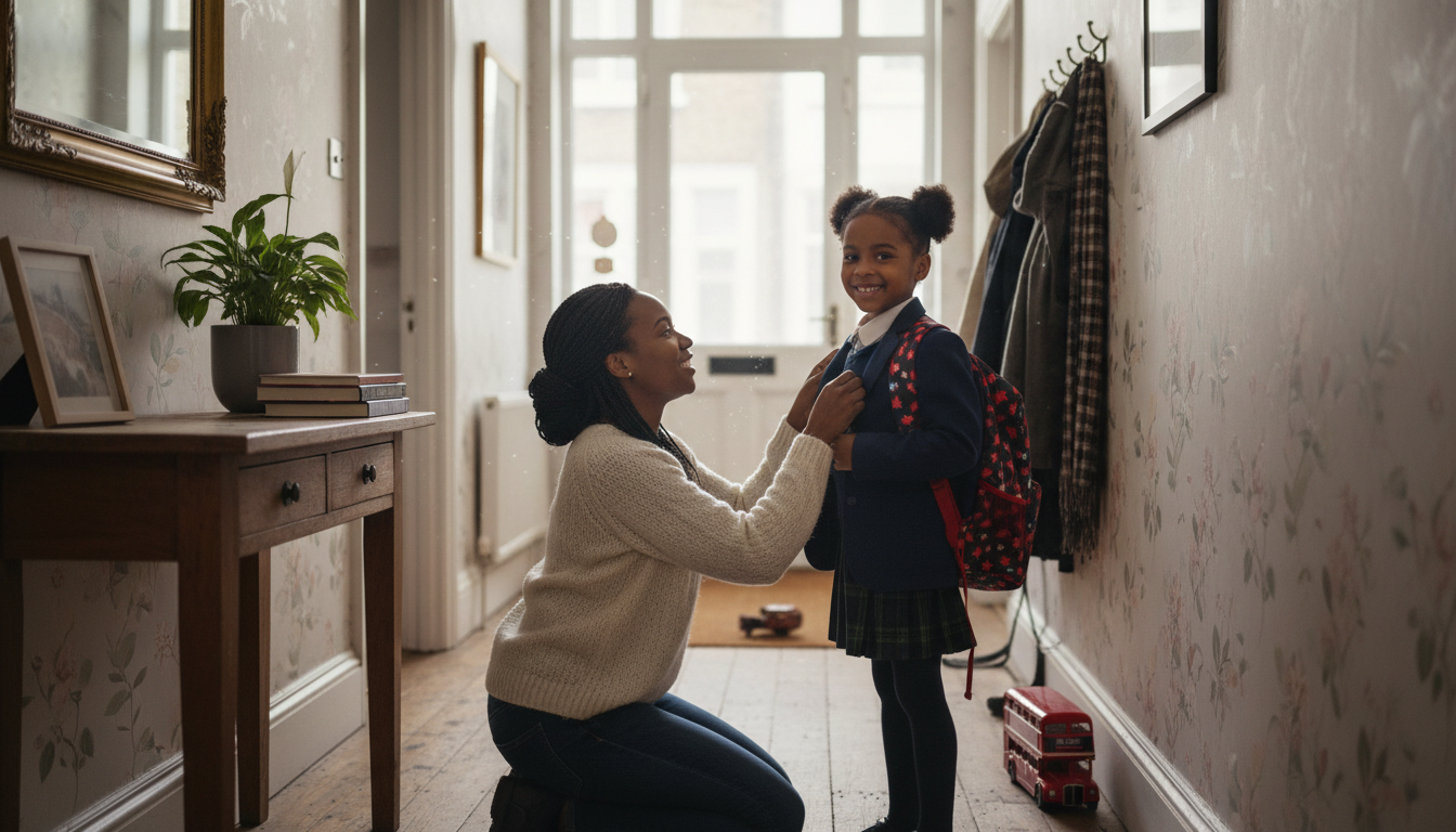Mother helping daughter with school uniform in hallway before school
