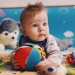 Baby on colourful play mat holding soft ball surrounded by toys