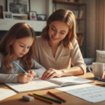 Mother and daughter doing homework together at table with books and pencils