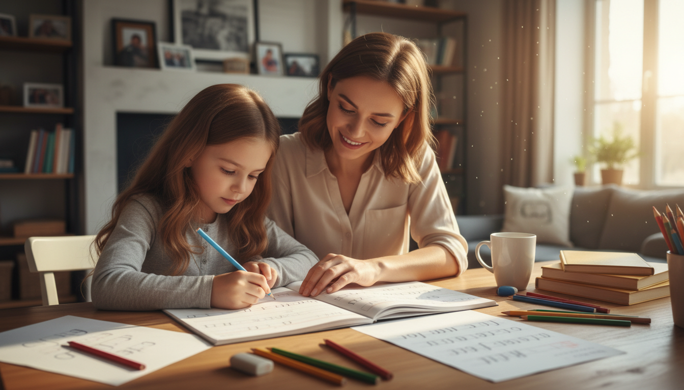 Mother and daughter doing homework together at table with books and pencils