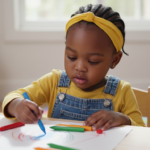 Young child with yellow headband drawing with crayons on paper