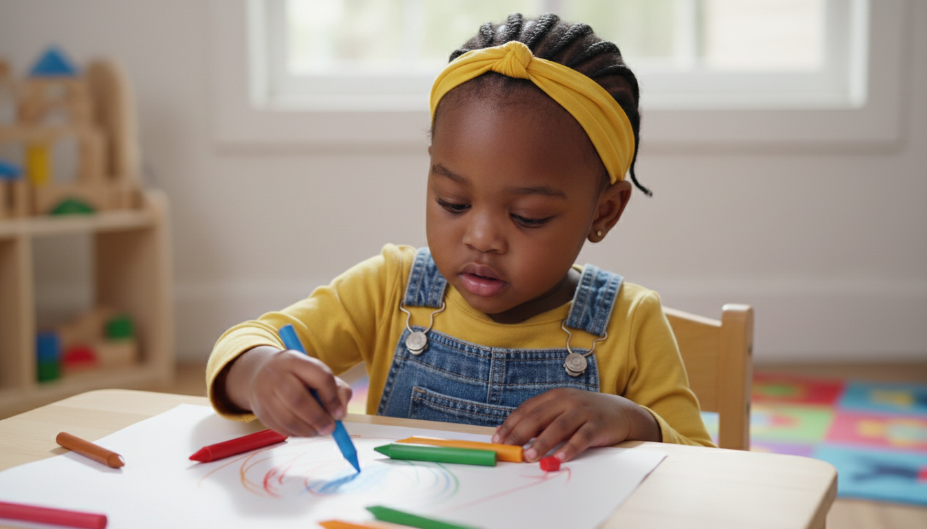 Young child with yellow headband drawing with crayons on paper