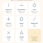 Infographic showing the eight pre-writing shapes in developmental order: vertical line, horizontal line, circle, cross, square, diagonal line, X and triangle, with approximate ages for each.