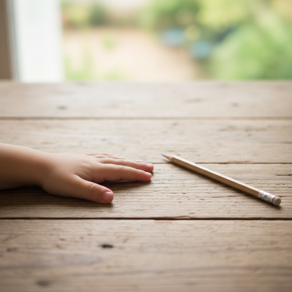 Child's hand resting on a table next to a pencil