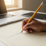 Child writing on paper with a laptop in the background