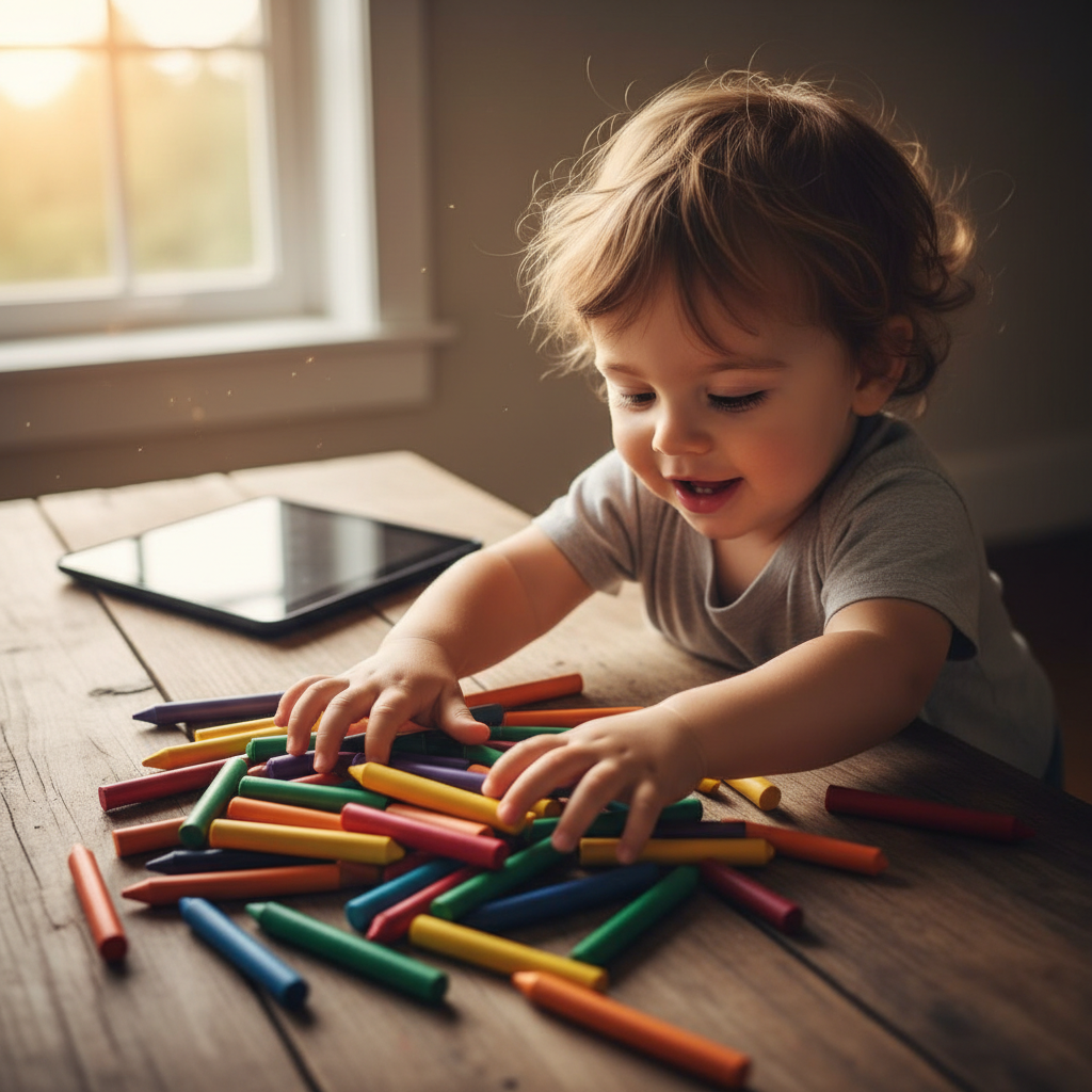 Young child choosing crayons over a tablet
