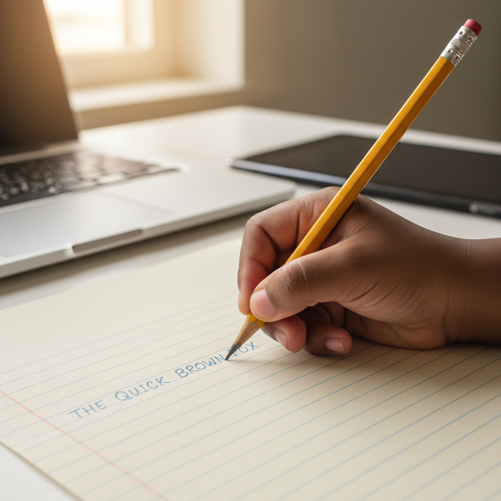 Child writing on paper with a laptop in the background